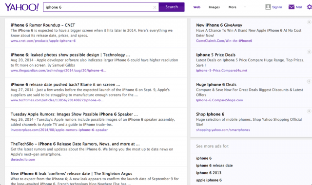 le prochain design de la page de resultats de Yahoo!